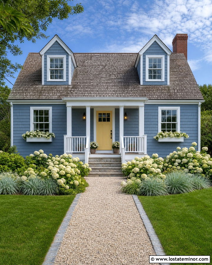 Denim Blue House With Pale Yellow Front Door - 30 Denim Blue House Design With Entry Door Ideas