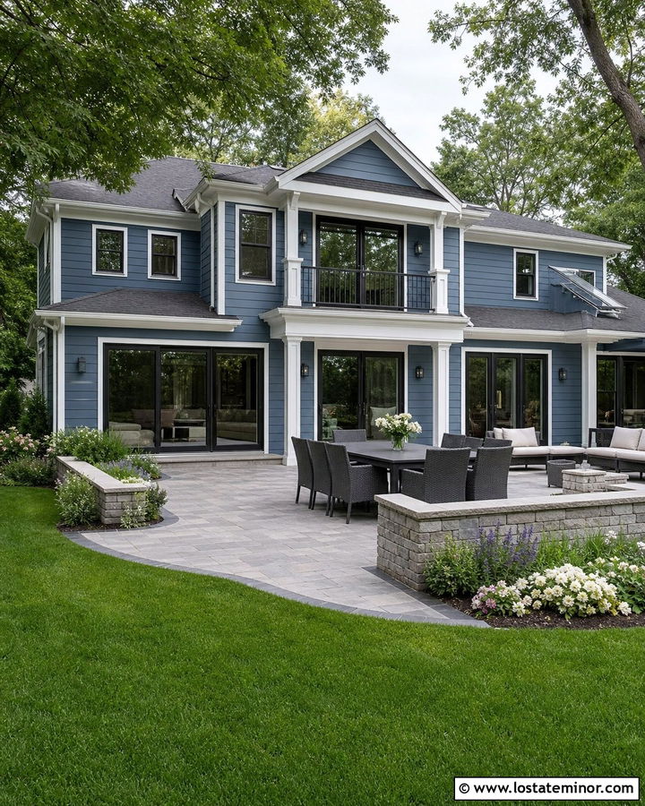Denim Blue House With Paver Patio - 30 Denim Blue House Design With Backyard Ideas