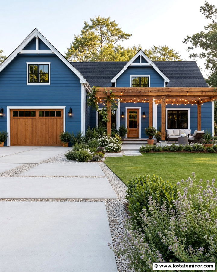 Denim Blue House With Pergola And String Lights - 30 Denim Blue House Design With Light Fixtures Ideas