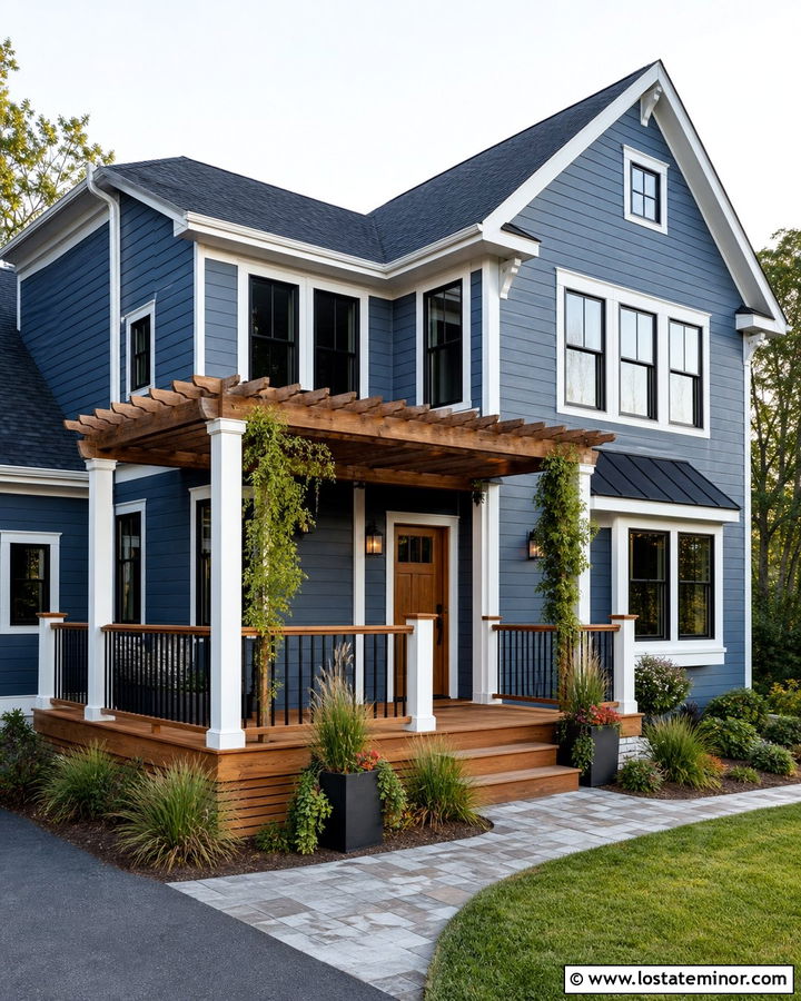 Denim Blue House With Pergola Deck - 30 Denim Blue House Design With Deck Ideas