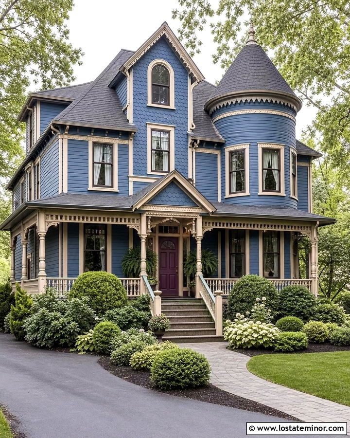 Denim Blue House With Plum Front Door - 30 Denim Blue House Design With Front Door Ideas