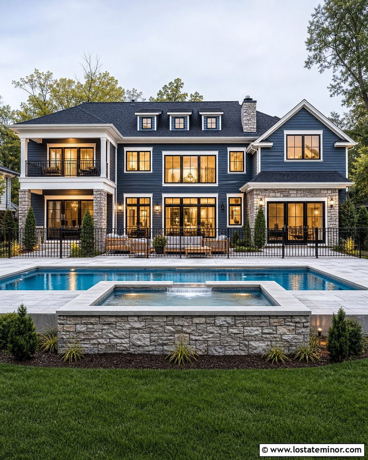 Denim Blue House With Pool And Raised Spa - 30 Denim Blue House Design With Swimming Pool Ideas