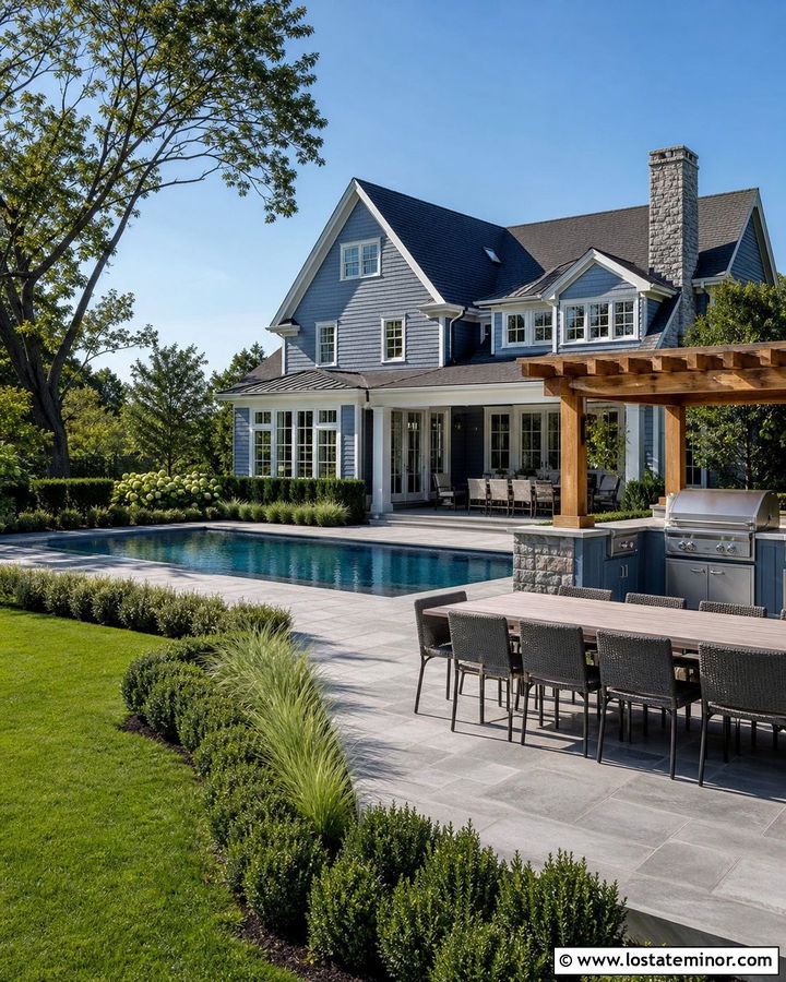 Denim Blue House With Poolside Outdoor Kitchen - 30 Denim Blue House Design With Swimming Pool Ideas