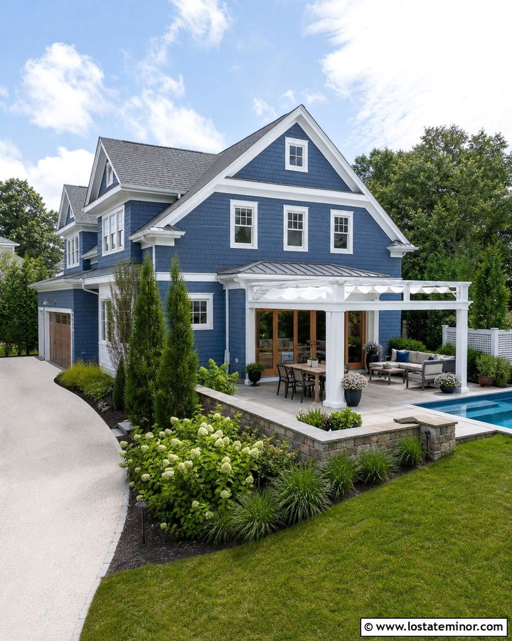 Denim Blue House With Poolside Pergola - 30 Denim Blue House Design With Pergola Ideas