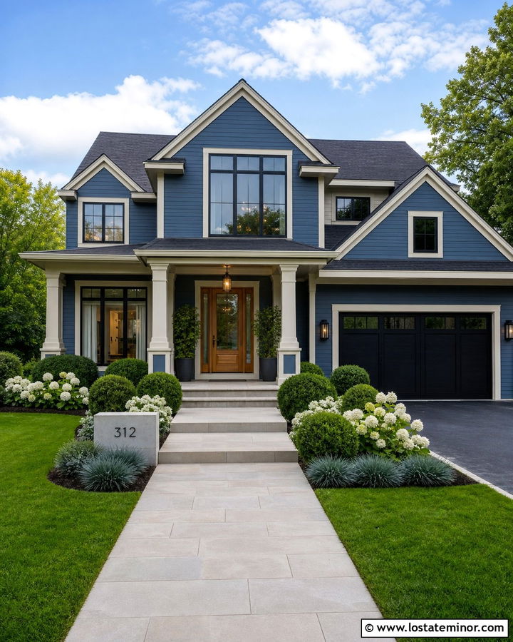 Denim Blue House With Porcelain Paver Walkway - 30 Denim Blue House Design With Walkway Ideas