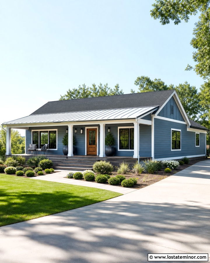 Denim Blue House With Porch Awning - 30 Denim Blue House Design With Awning Ideas