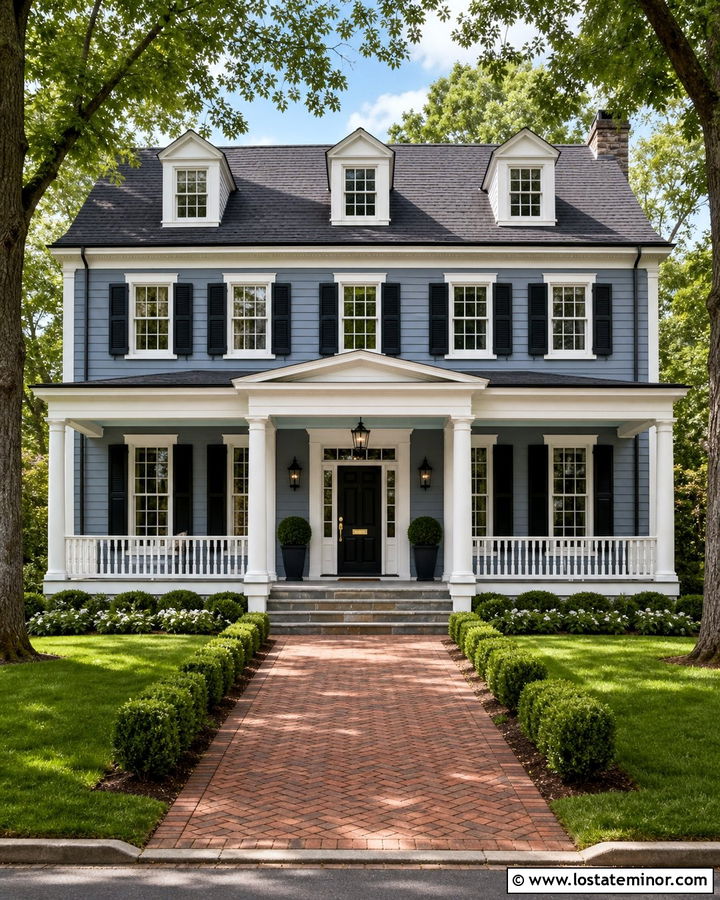 Denim Blue House With Porch Ceiling And Black Door - 30 Denim Blue House Design With Porch Ceiling Ideas