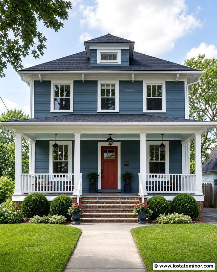 Denim Blue House With Porch Ceiling And Red Door - 30 Denim Blue House Design With Porch Ceiling Ideas