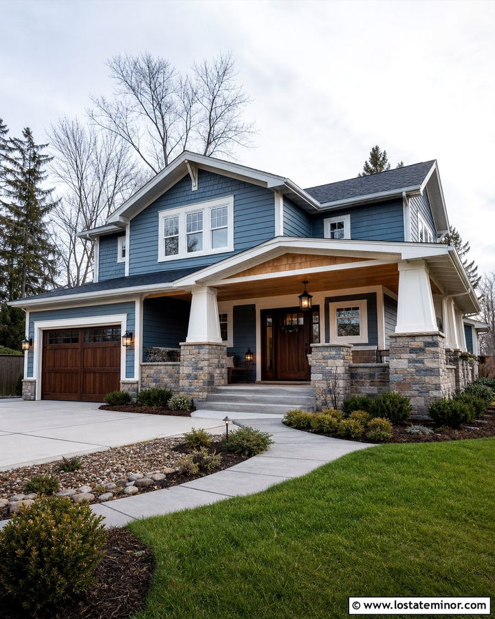 Denim Blue House With Porch Ceiling And Stone Columns - 30 Denim Blue House Design With Porch Ceiling Ideas