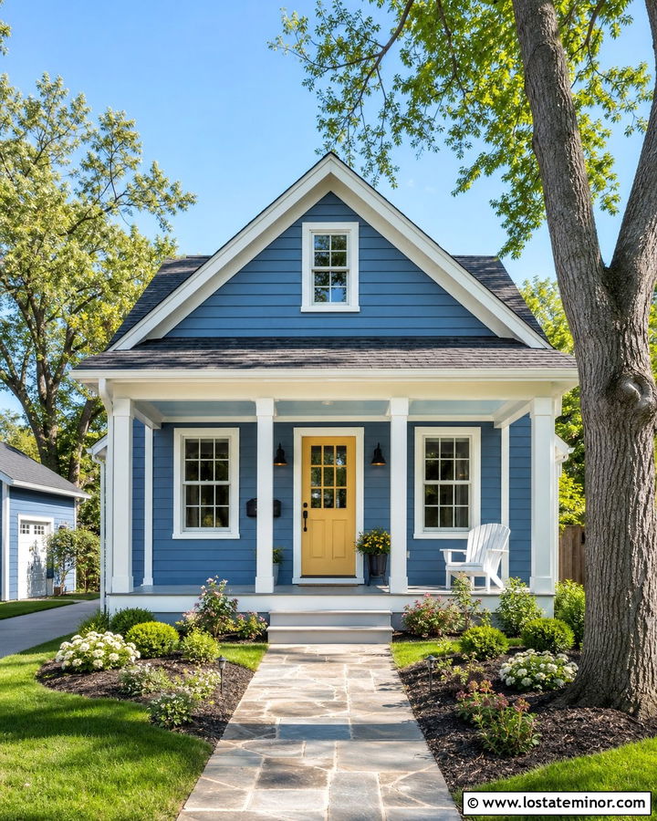 Denim Blue House With Porch Ceiling And Yellow Door - 30 Denim Blue House Design With Porch Ceiling Ideas