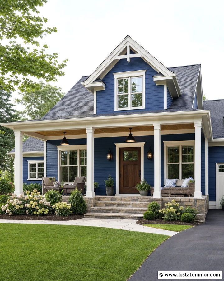 Denim Blue House With Porch Pendant Lights - 30 Denim Blue House Design With Lighting Ideas