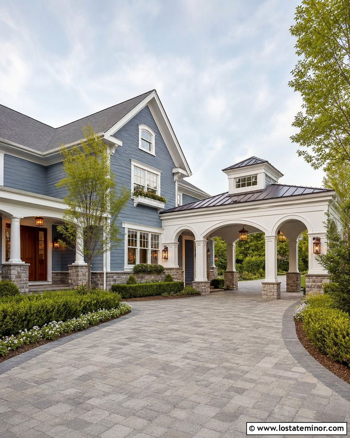 Denim Blue House With Porte Cochere Driveway - 30 Denim Blue House Design With Driveway Ideas