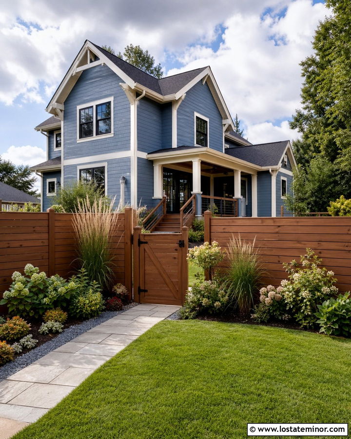Denim Blue House With Privacy Fence - 30 Denim Blue House Design With Backyard Ideas