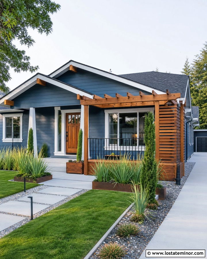 Denim Blue House With Privacy Screen Pergola - 30 Denim Blue House Design With Pergola Ideas