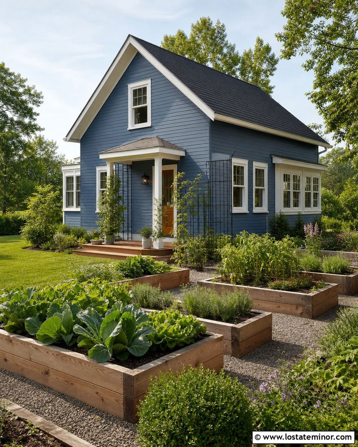 Denim Blue House With Raised Garden Beds - 30 Denim Blue House Design With Backyard Ideas