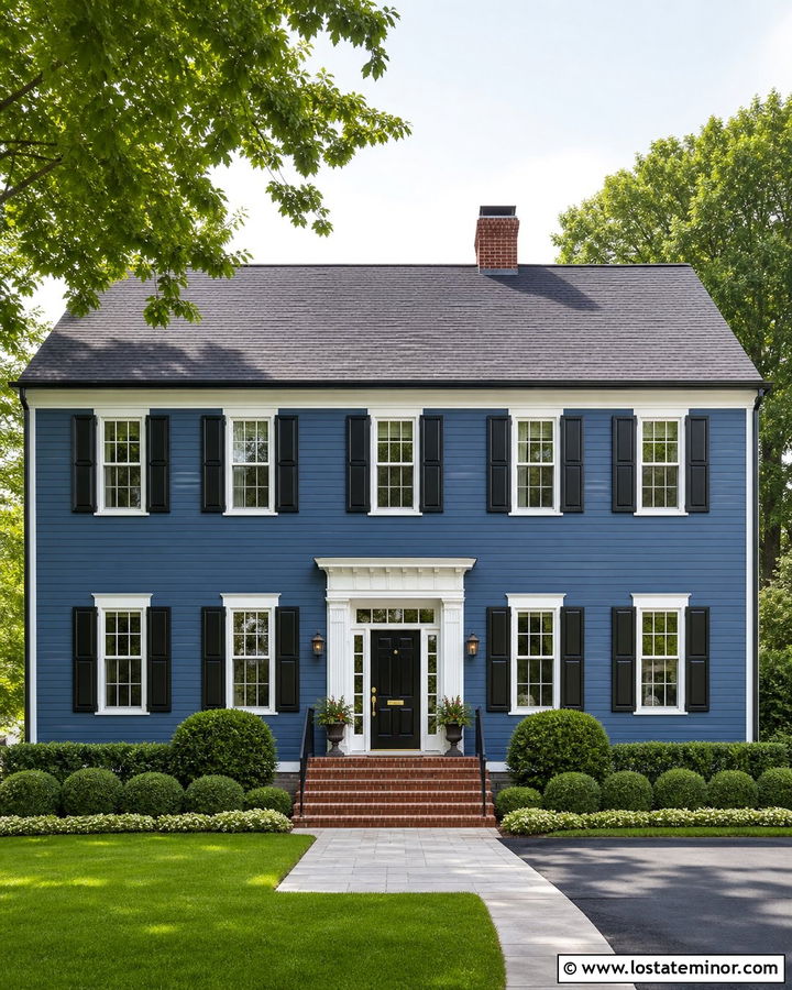 Denim Blue House With Raised Panel Shutters - 30 Denim Blue House Design With Shutters Ideas