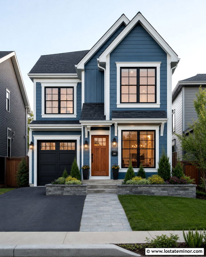 Denim Blue House With Raised Planters And Small Yard - 30 Denim Blue House Design With Landscaping Ideas