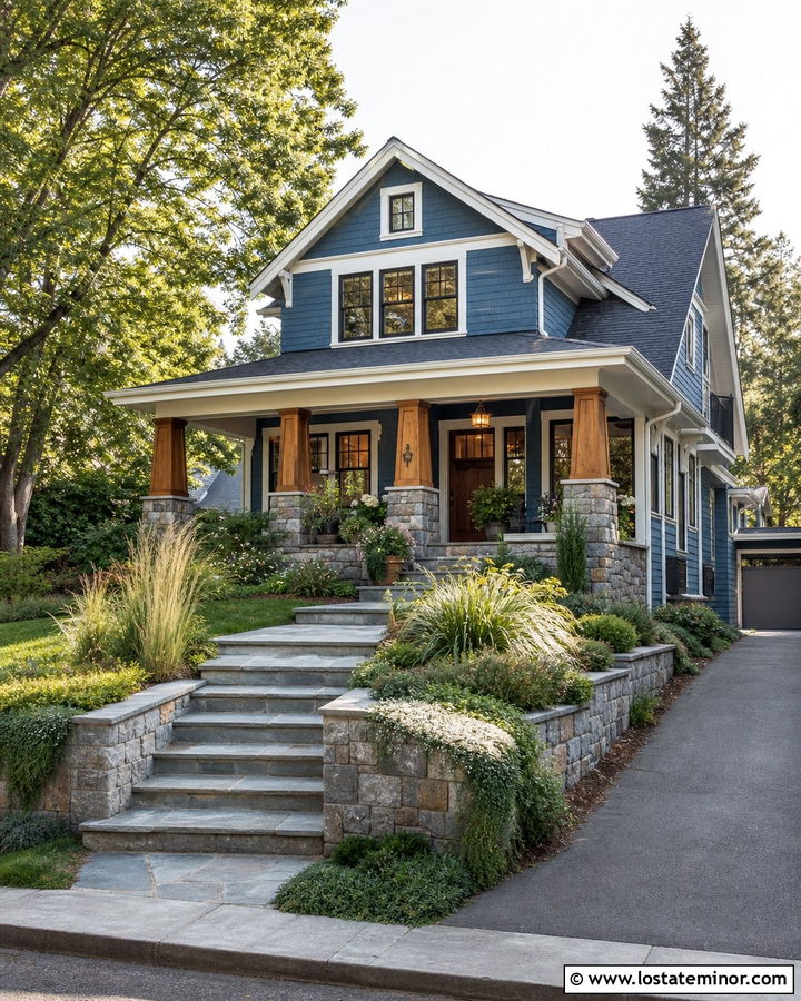 Denim Blue House With Raised Stone Walkway - 30 Denim Blue House Design With Walkway Ideas