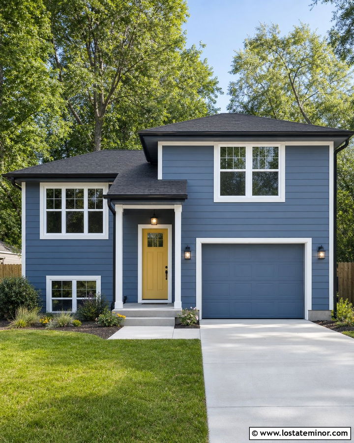 Denim Blue House With Recessed Matching Garage Door - 30 Denim Blue House Design With Garage Door Ideas