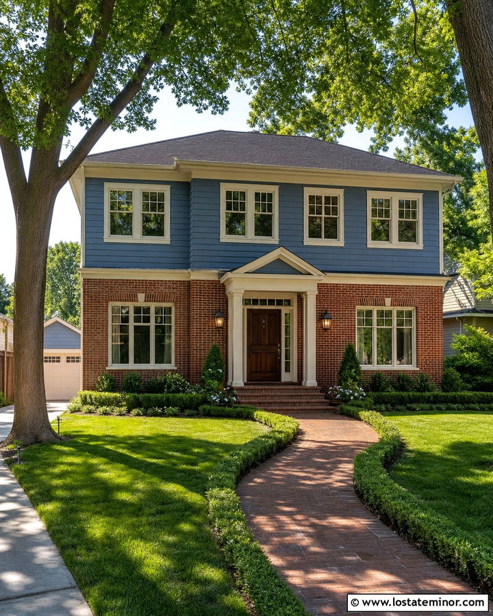 Denim Blue House With Red Brick Accents - 30 Denim Blue House Design With Accents Ideas