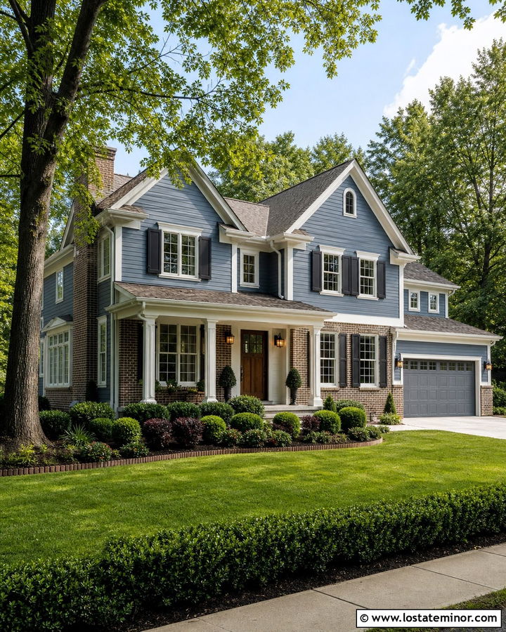 Denim Blue House With Red Brick And Bronze Lanterns - 30 Denim Blue House Design With Light Fixtures Ideas