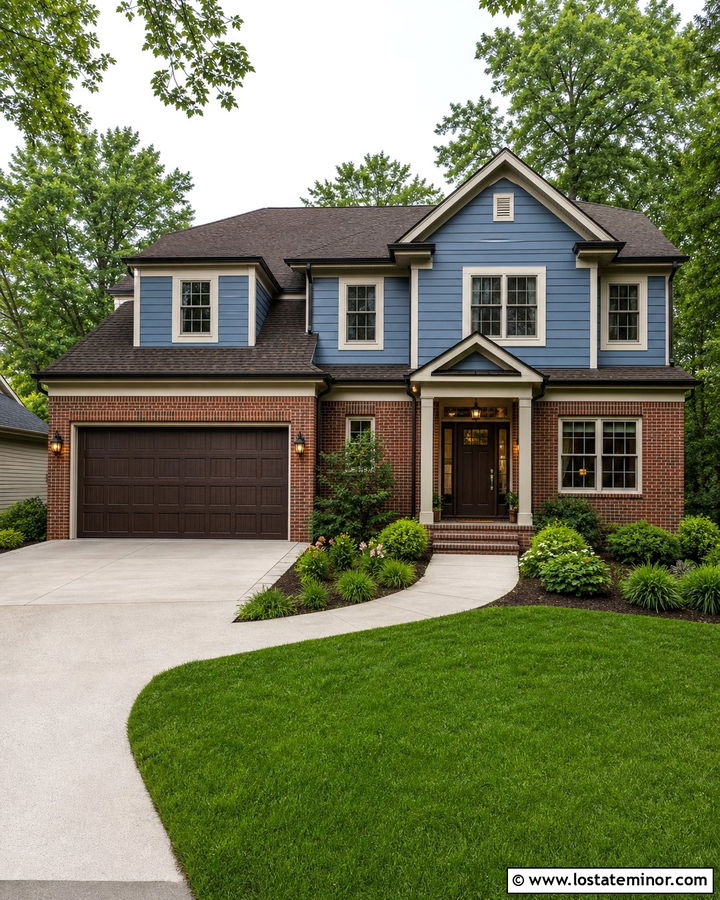 Denim Blue House With Red Brick And Brown Garage Door - 30 Denim Blue House Design With Garage Door Ideas