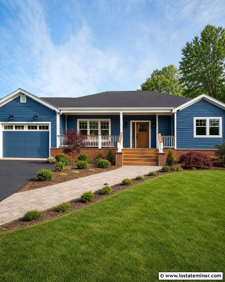 Denim Blue House With Red Brick And Cedar Deck - 30 Denim Blue House Design With Deck Ideas