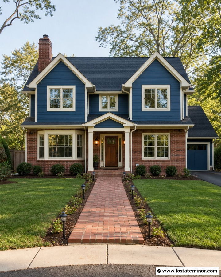 Denim Blue House With Red Brick And Lanterns - 30 Denim Blue House Design With Lighting Ideas