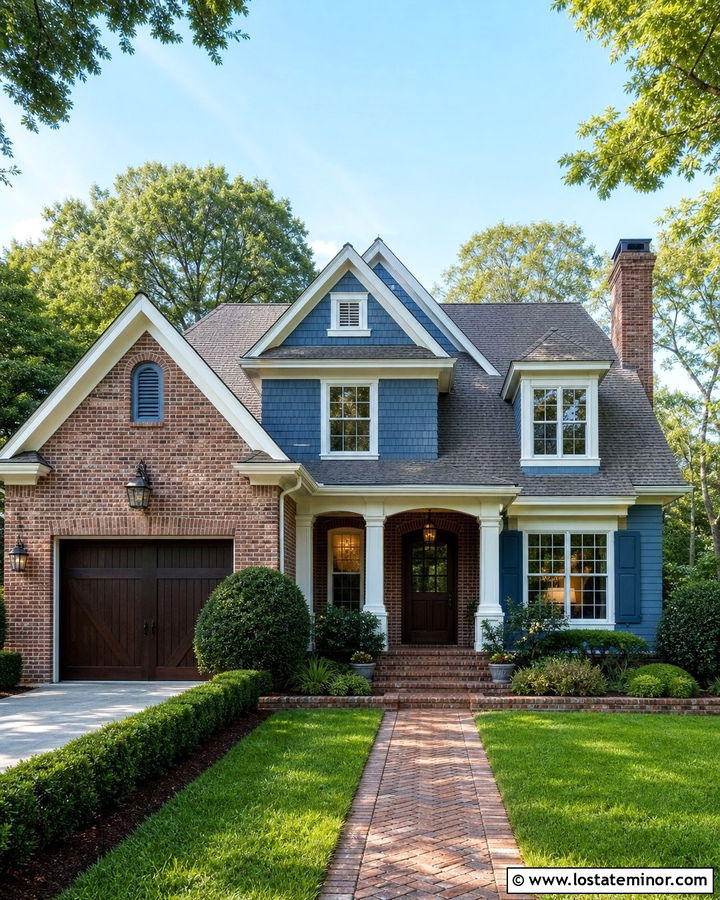Denim Blue House With Red Brick And Weathered Shingles - 30 Denim Blue House Design With Shingles Ideas