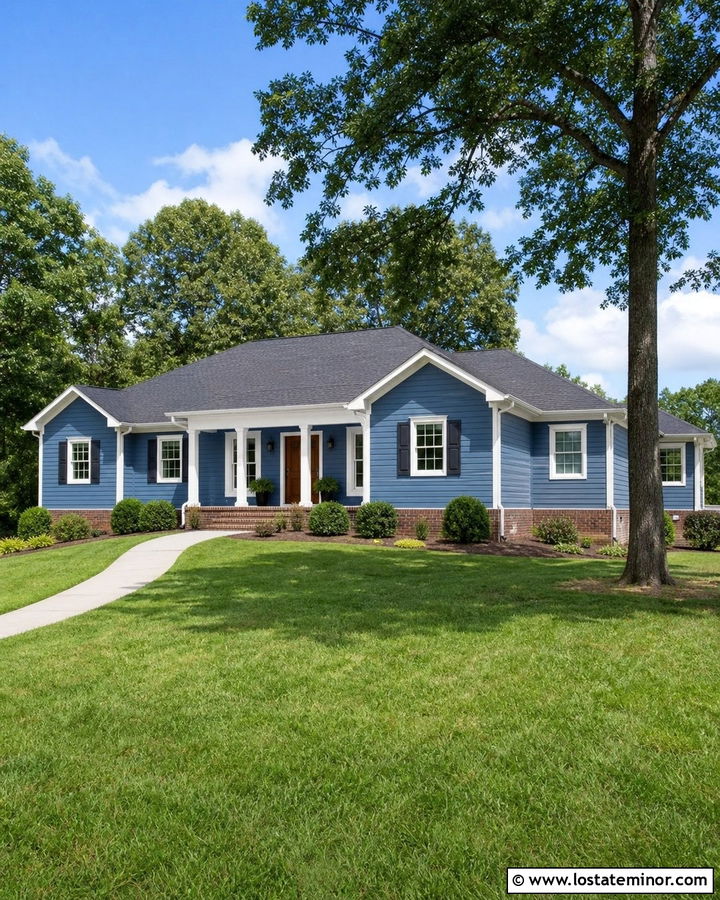 Denim Blue House With Red Brick Foundation - 30 Denim Blue House Design With Brick Accents Ideas