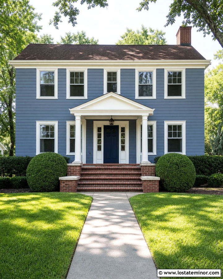 Denim Blue House With Red Brick Steps - 30 Denim Blue House Design With Steps Ideas