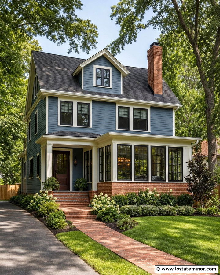 Denim Blue House With Red Brick Sunroom - 30 Denim Blue House Design With Sunroom Ideas