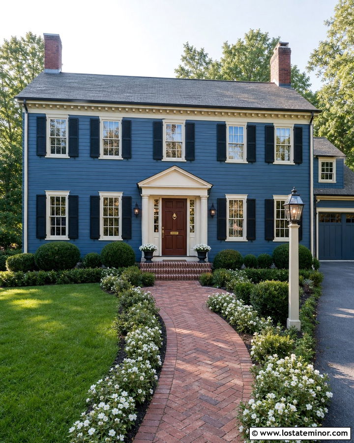 Denim Blue House With Red Brick Walkway - 30 Denim Blue House Design With Walkway Ideas