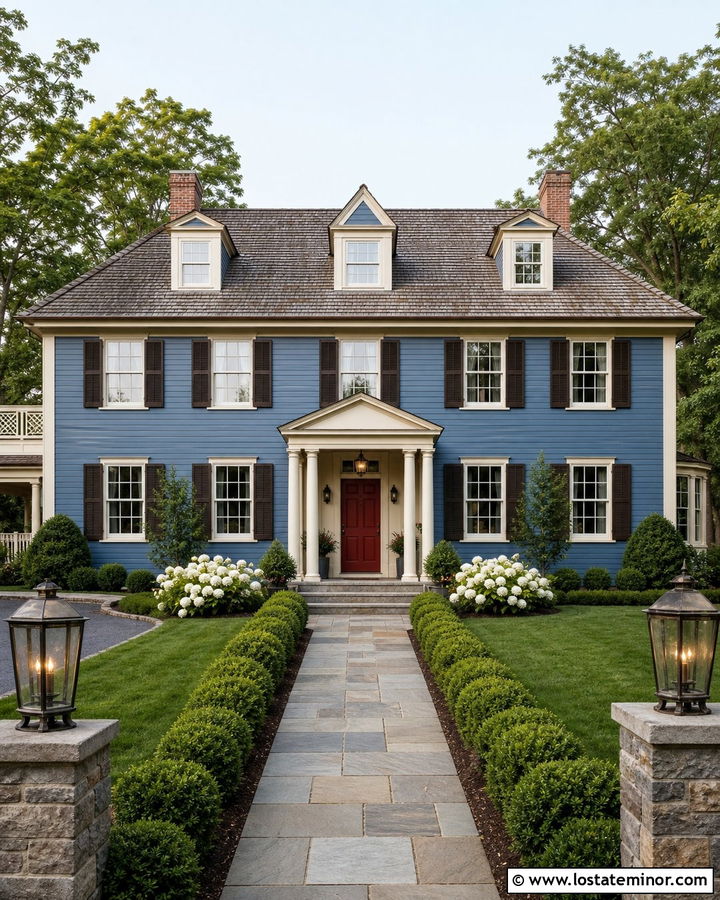 Denim Blue House With Red Door And Brass Lanterns - 30 Denim Blue House Design With Light Fixtures Ideas