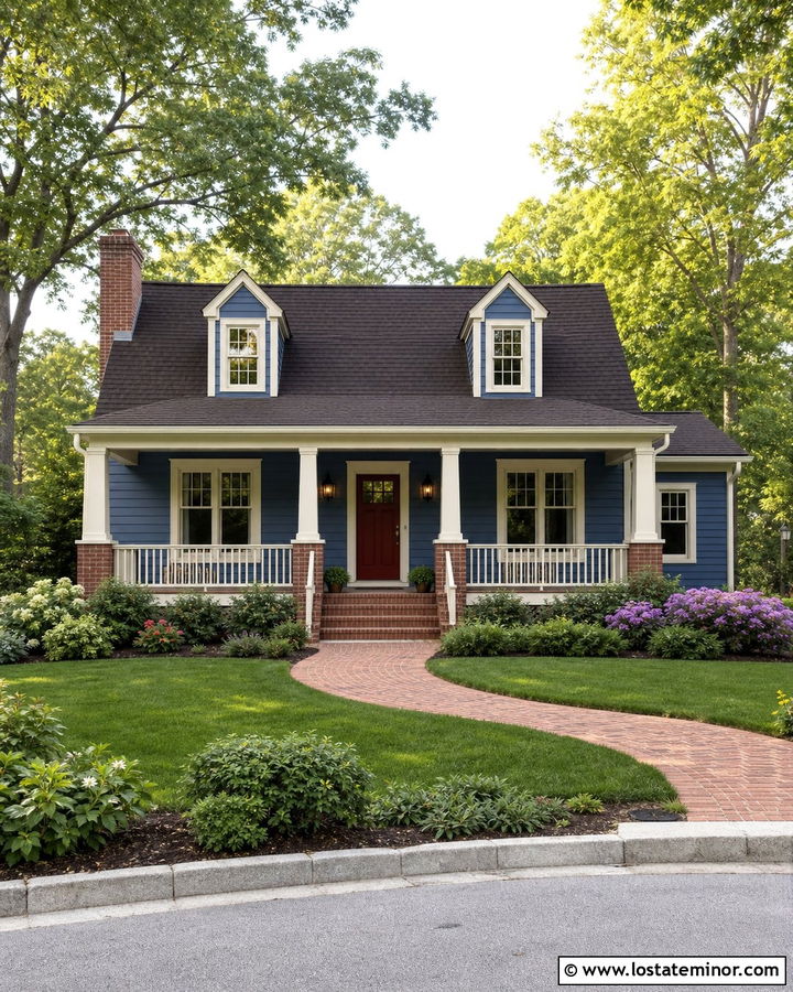 Denim Blue House With Red Door And Cream Columns - 30 Denim Blue House Design With Porch Columns Ideas