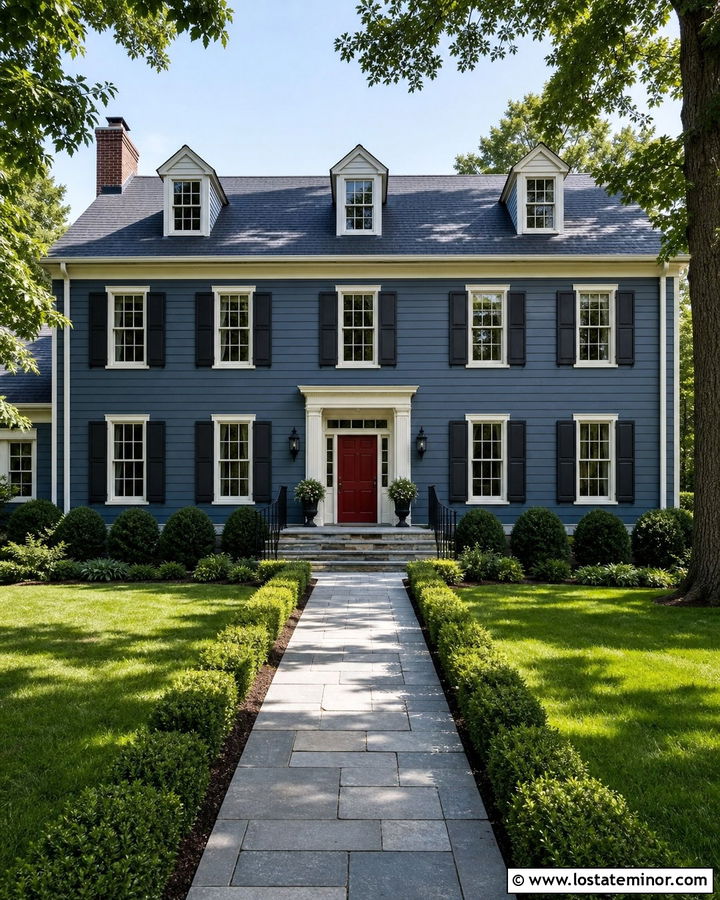 Denim Blue House With Red Door And Steps - 30 Denim Blue House Design With Steps Ideas