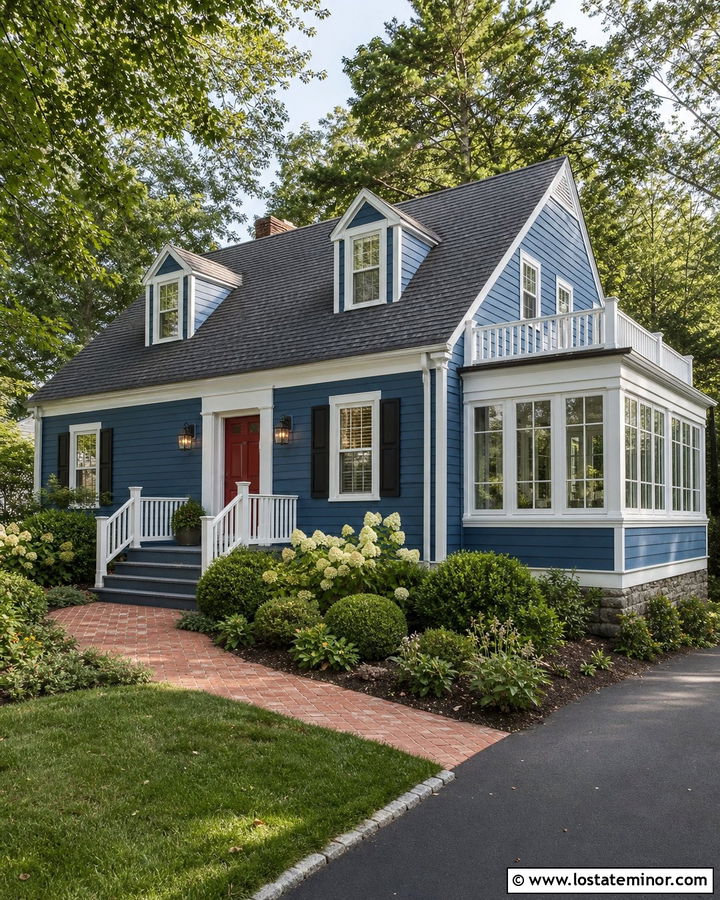 Denim Blue House With Red Door And Sunroom - 30 Denim Blue House Design With Sunroom Ideas