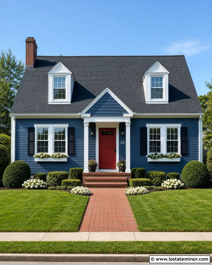 Denim Blue House With Red Door And White Numbers - 30 Denim Blue House Design With House Numbers Ideas