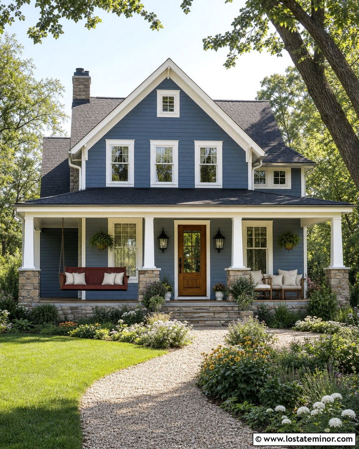 Denim Blue House With Red Porch Swing - 30 Denim Blue House Design With Swing Ideas