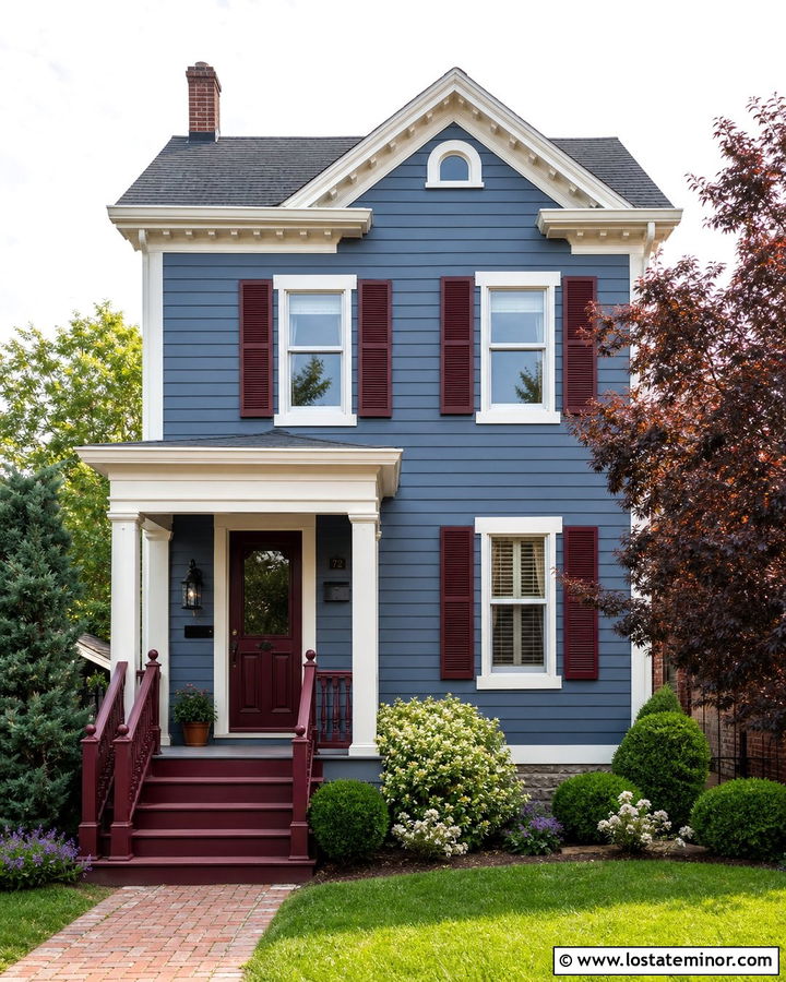 Denim Blue House With Red Railings - 30 Denim Blue House Design With Railings Ideas