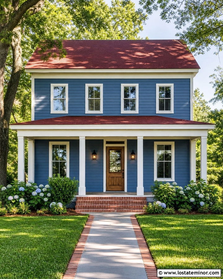 Denim Blue House With Red Shingle Roof - 30 Denim Blue House Design With Roof Ideas