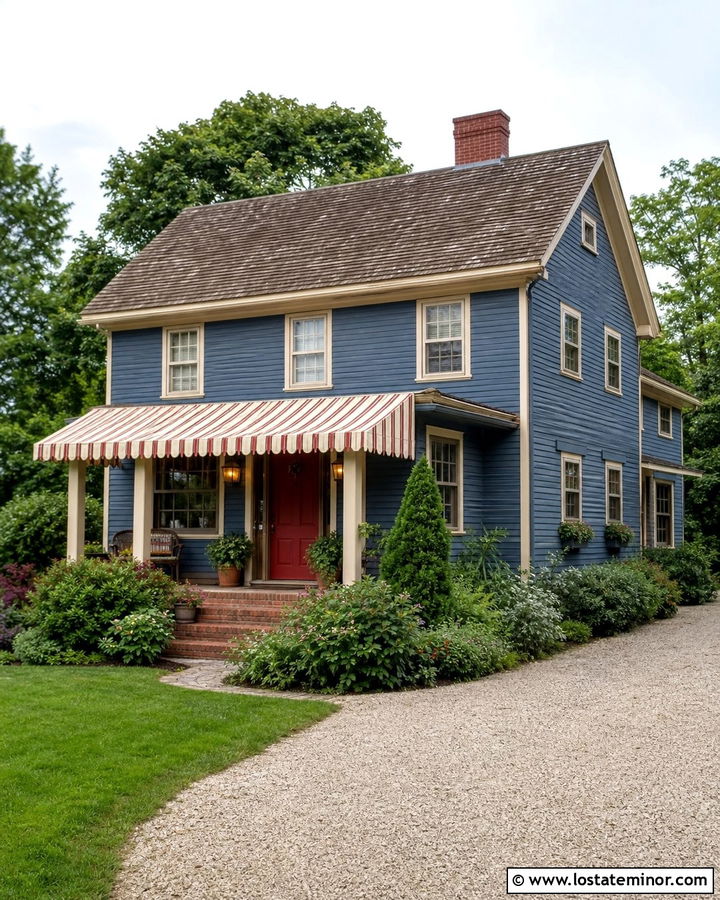 Denim Blue House With Red Striped Awning - 30 Denim Blue House Design With Awning Ideas