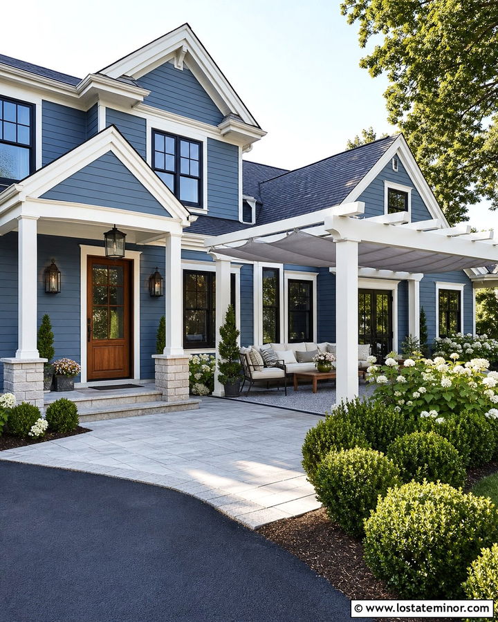 Denim Blue House With Retractable Canopy Pergola - 30 Denim Blue House Design With Pergola Ideas