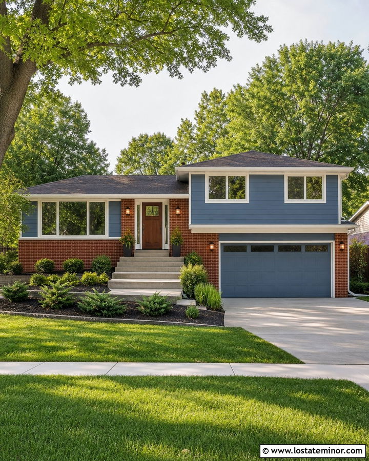 Denim Blue House With Roof And Brick Accents - 30 Denim Blue House Design With Roof Ideas