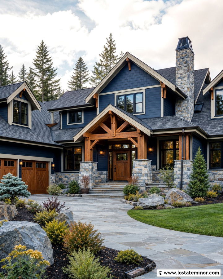 Denim Blue House With Roof And Stone Accents - 30 Denim Blue House Design With Roof Ideas