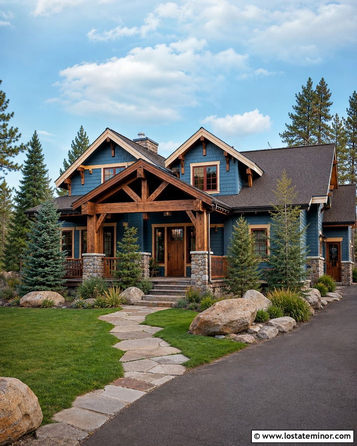 Denim Blue House With Rustic Timber Porch - 30 Denim Blue House Design With Front Porch Ideas