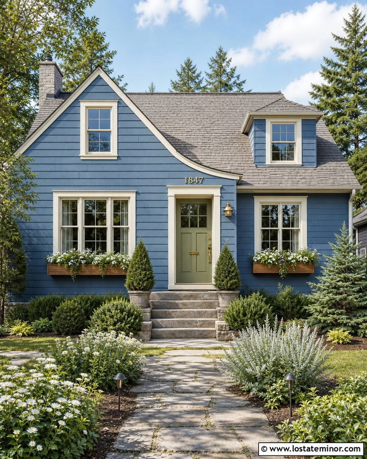 Denim Blue House With Sage Door And Brass Numbers - 30 Denim Blue House Design With House Numbers Ideas