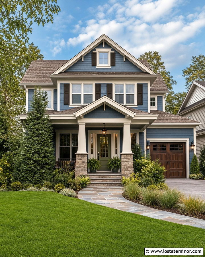 Denim Blue House With Sage Door And Bronze Lights - 30 Denim Blue House Design With Light Fixtures Ideas