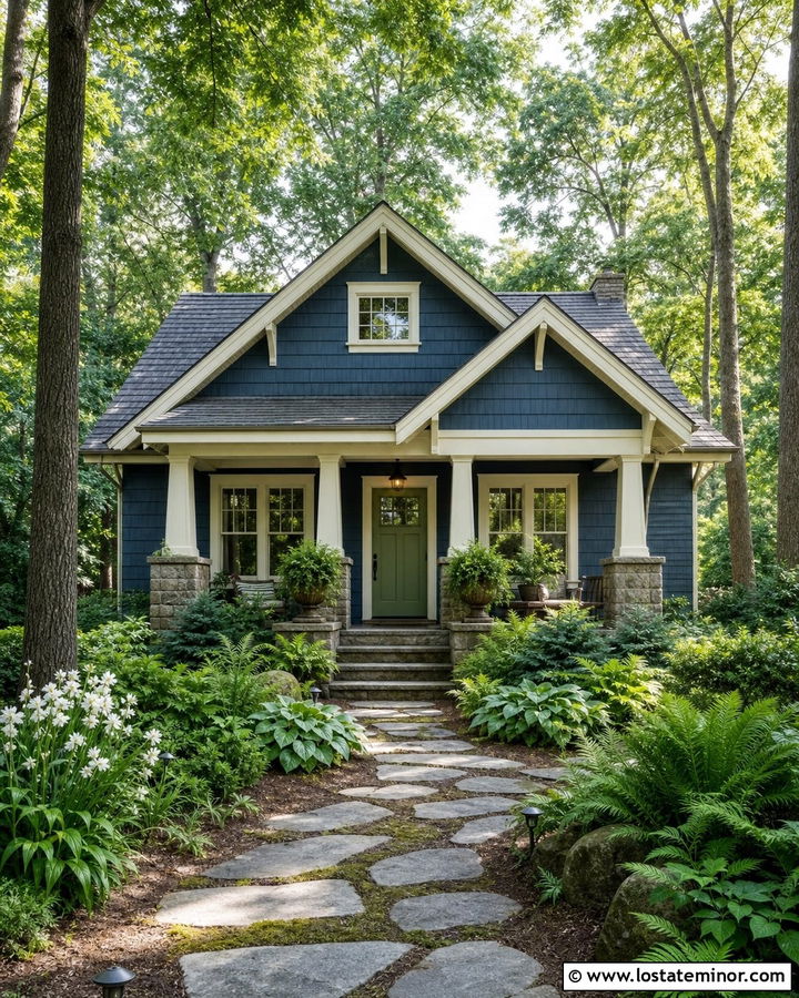 Denim Blue House With Sage Door And Fern Garden - 30 Denim Blue House Design With Landscaping Ideas