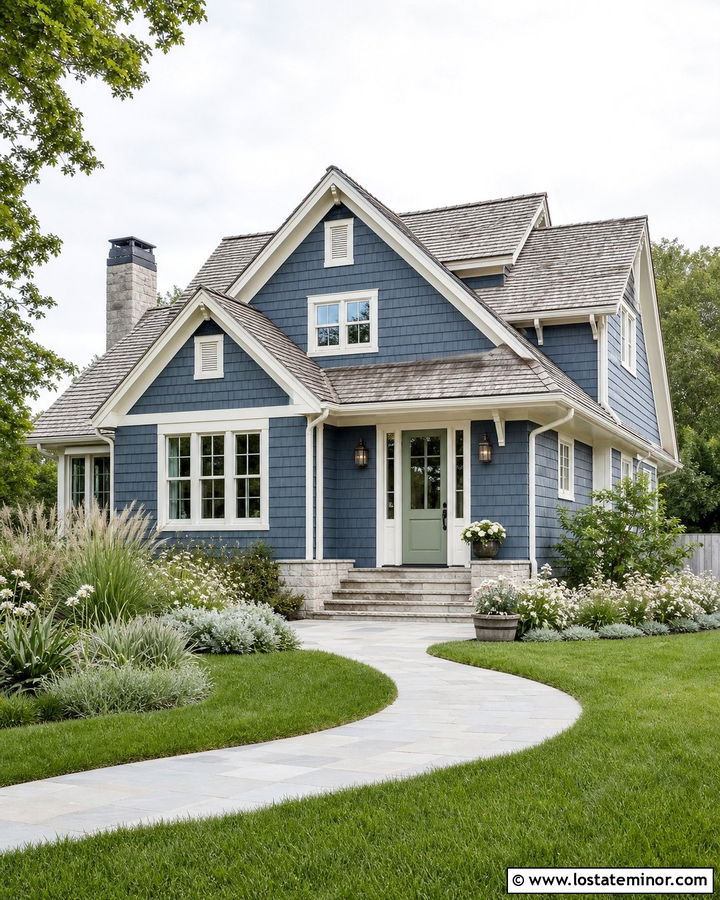 Denim Blue House With Sage Door And Steps - 30 Denim Blue House Design With Steps Ideas